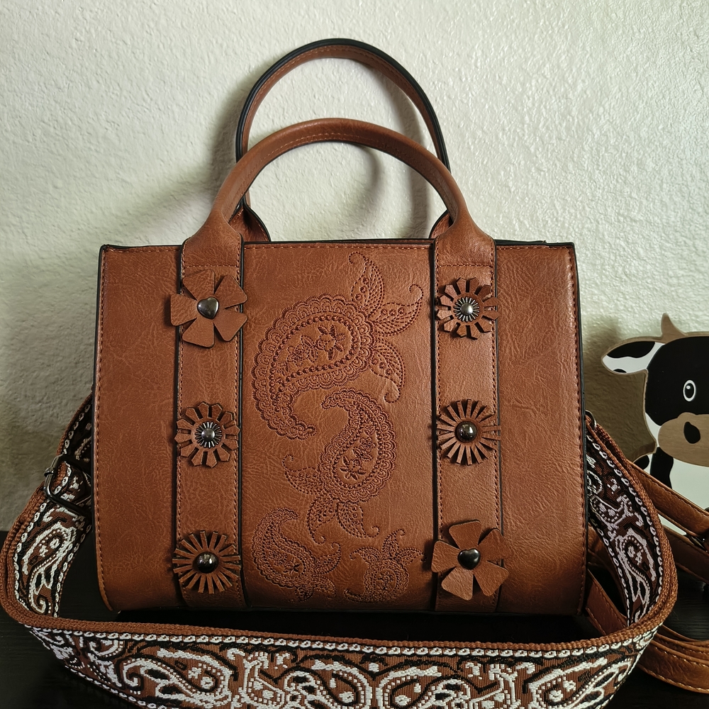 Tan Embossed Satchel with Floral Stud Accents